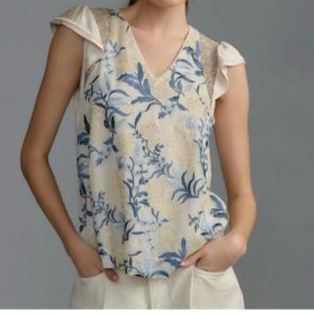 Anthropologie Tiny overlay blue floral top Blouse sz medium M